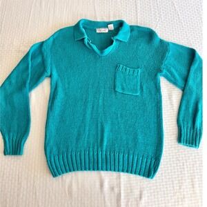 Vintage Country Craft Teal Knit Polo Sweater Ramie Cotton Turquoise Size 44